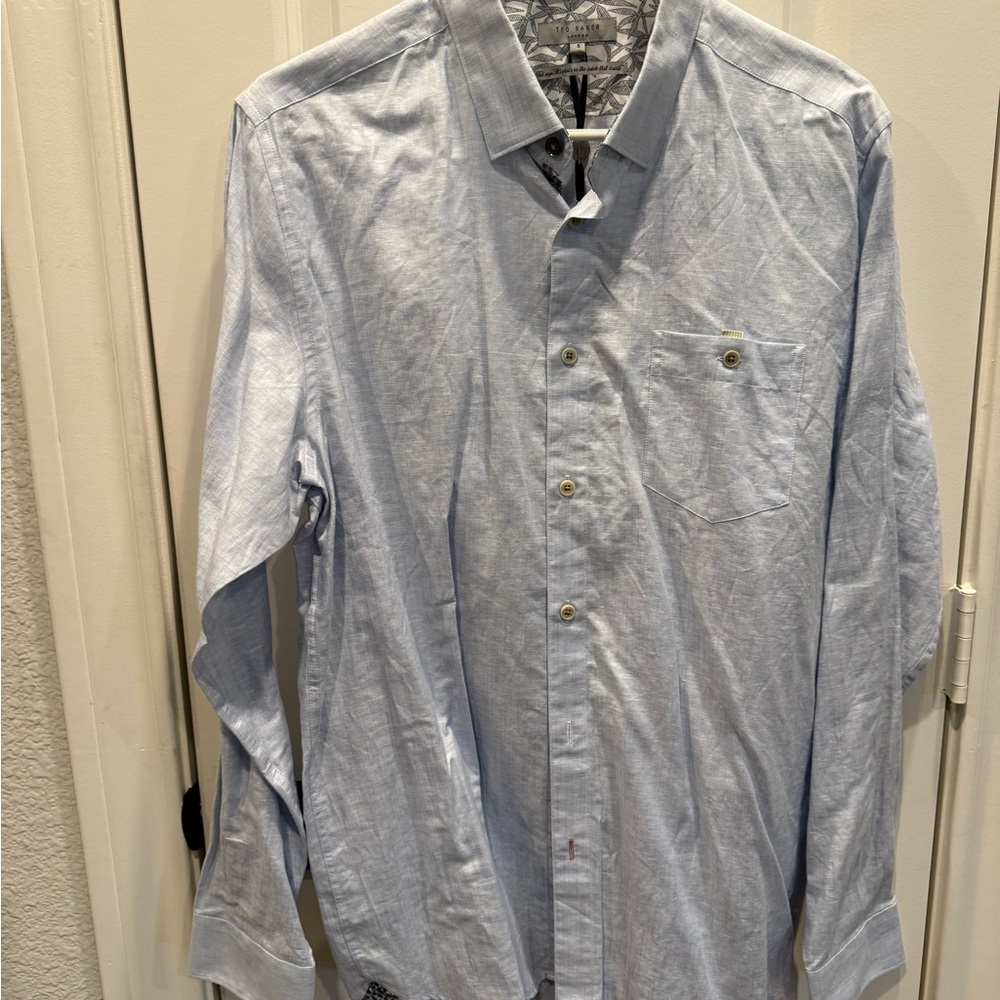 Ted Baker Sky Blue Casual Button-Down Shirt Linen and Cotton blend